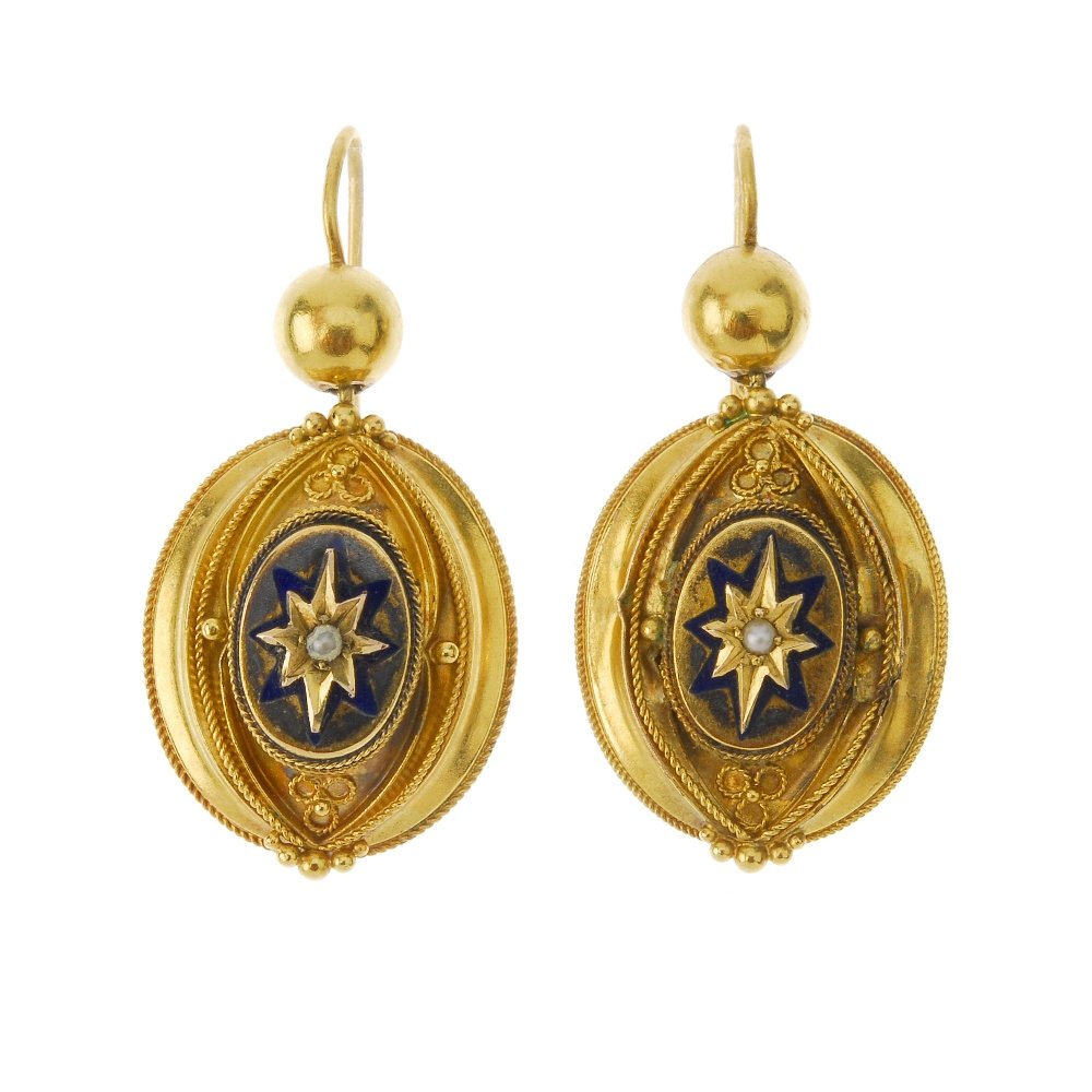A pair of mourning earrings. The central pearl-set star: A pair of mourning earrings. The central pearl-set star with enamel to the reverse to the curved, tiered surround with rope-twist and beadwork accents. Length 3.1cms. Weight 3.7gms. The condition of t