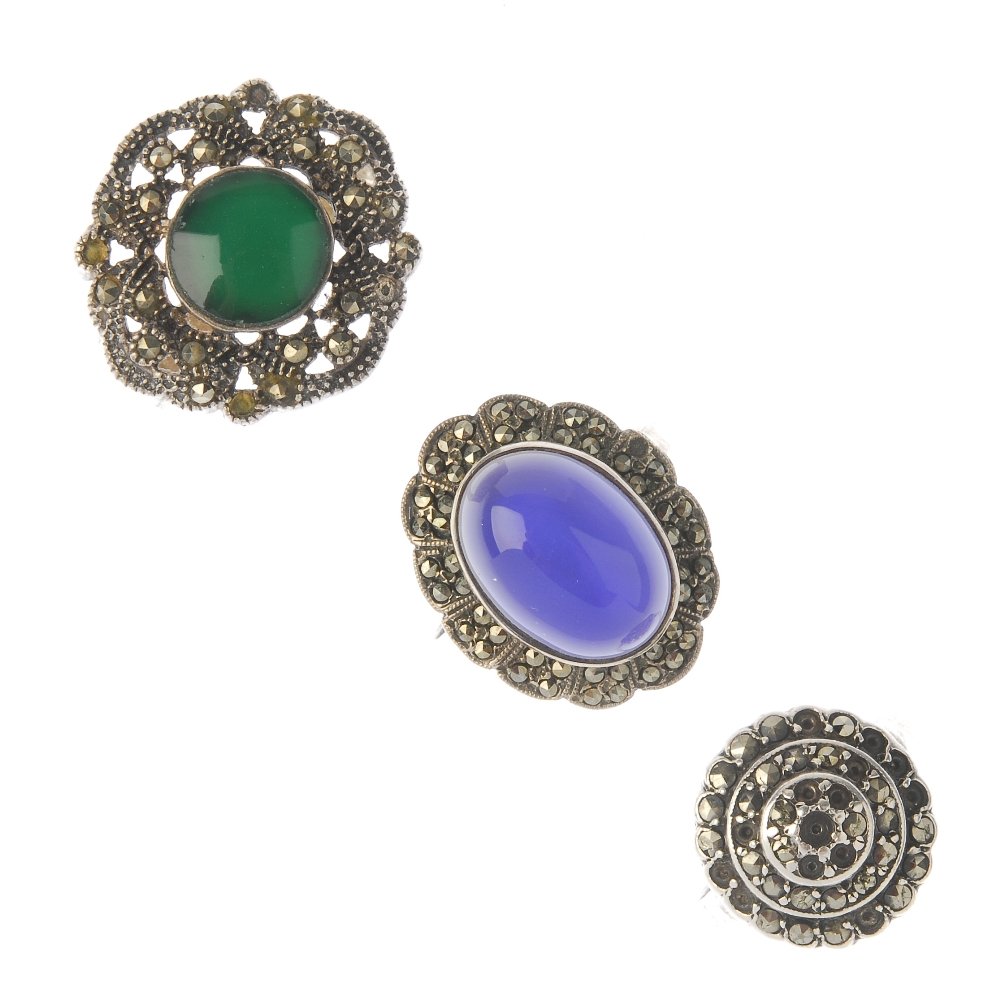 A selection of marcasite jewellery. To include a brooch: A selection of marcasite jewellery. To include a brooch shaped as a dragonfly, with marcasite to the wings and red gems to the body and eyes, together with a marcasite and blue enamel bracelet. Weight