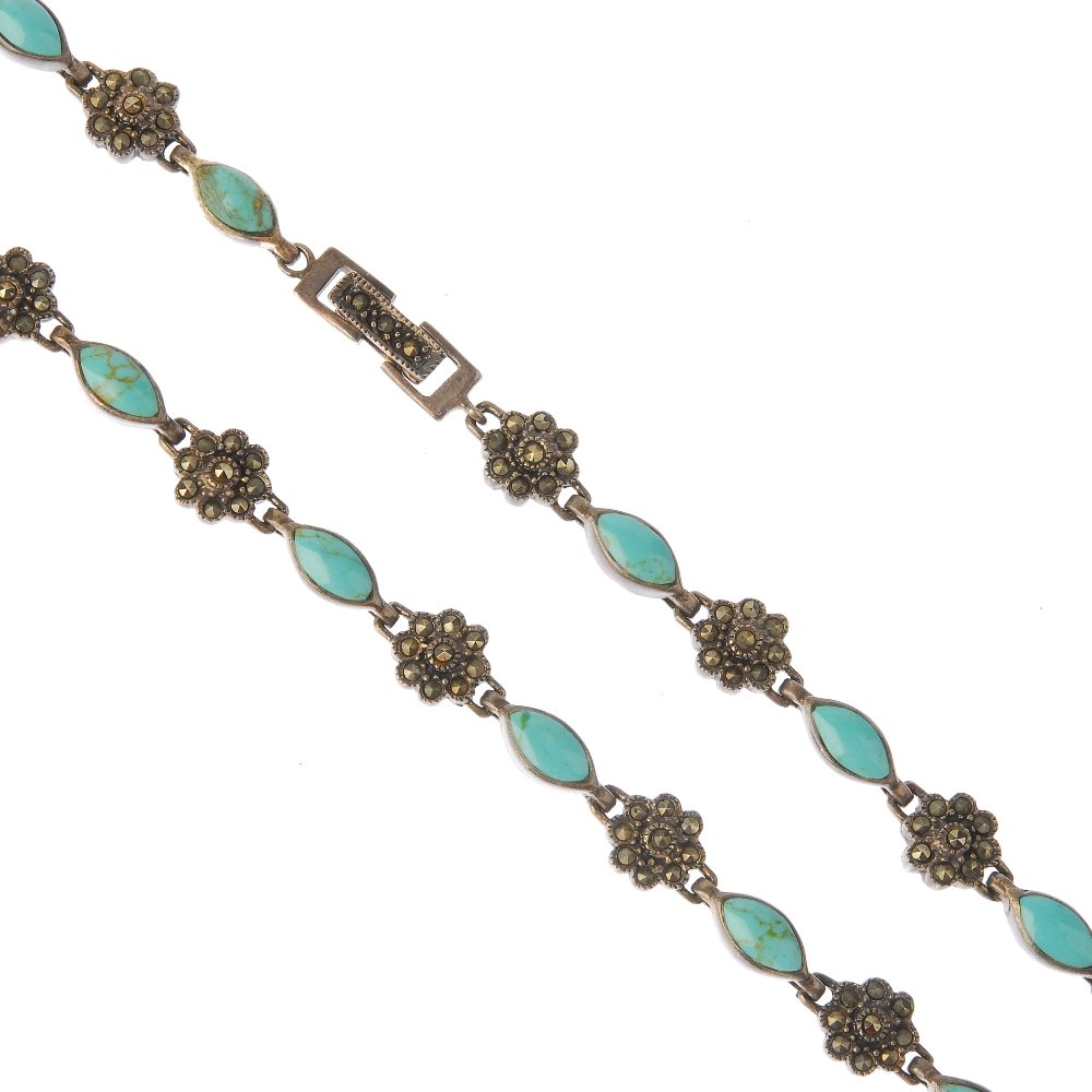 A selection of marcasite jewellery. To include a brooch: A selection of marcasite jewellery. To include a brooch designed as a rose set with marcasite, together with a marcasite and turquoise necklace. Weight 324.3gms. Due to the number of items in this lot