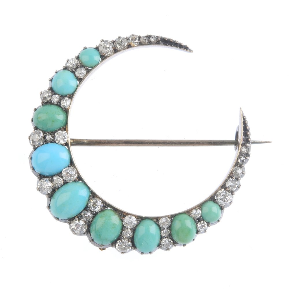 A late Victorian turquoise and diamond crescent brooch, (1 of 2)
