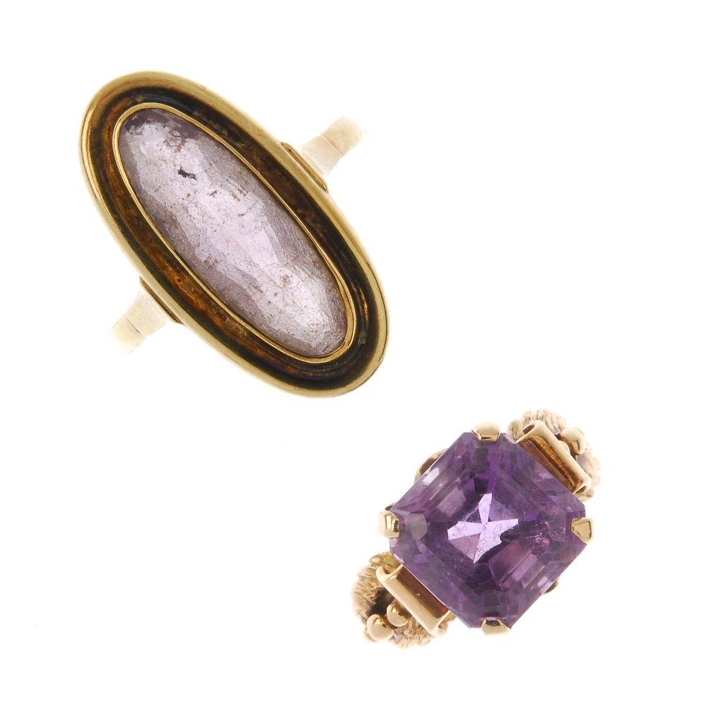 Two amethyst single-stone rings. The first designed as (1 of 3)