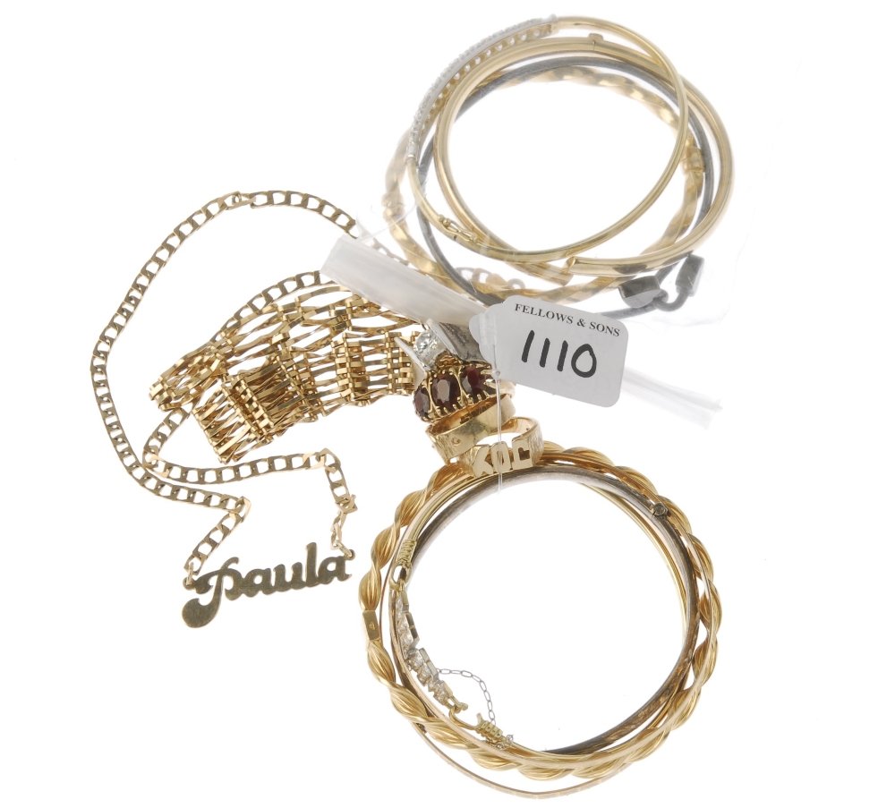 (16203) An assortment of jewellery. To include seven: (16203) An assortment of jewellery. To include seven 9ct gold bangles, two 9ct gold gate-link bracelets, three rings, a necklace and a selection of silver jewellery. Most gold with hallmarks. Total go