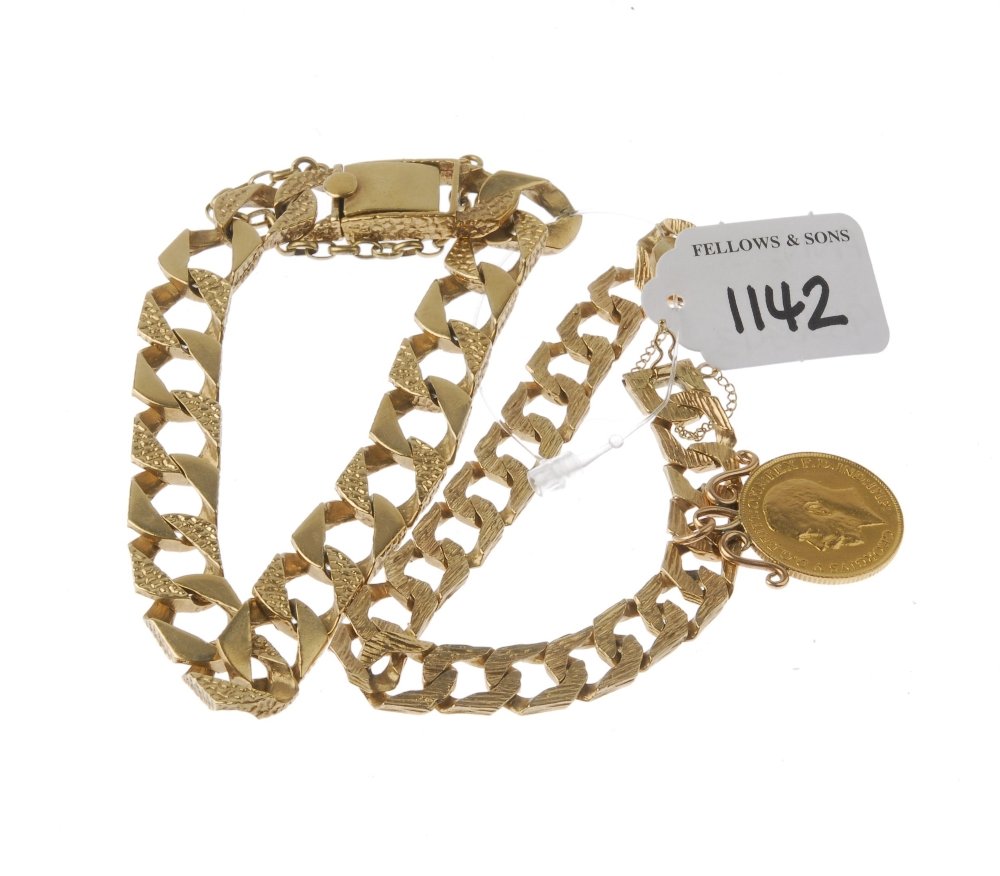 (PWN250) Two 9ct gold curb-link bracelets and a 1915: (PWN250) Two 9ct gold curb-link bracelets and a 1915 full sovereign coin charm. Hallmarks. Weight 69.7gms. Please be aware that the above estimateâ€™s on these lots have been set by the Pawnbroke