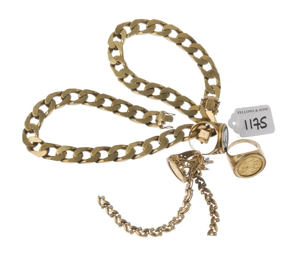 (PWN642) A selection of 9ct gold jewellery. To include: (PWN642) A selection of 9ct gold jewellery. To include two curb-link bracelets, a broken diamond fancy-link bracelet, a 1906 full sovereign coin ring, a 1915 half sovereign coin ring and a signet ring