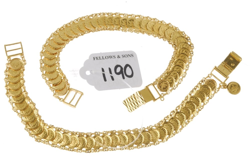 (PWN880) Two 22ct gold fancy-link bracelets. Hallmarks.: (PWN880) Two 22ct gold fancy-link bracelets. Hallmarks. Weight 45.5gms. Please be aware that the above estimateâ€™s on these lots have been set by the Pawnbroker and not by Fellows. As such, buye