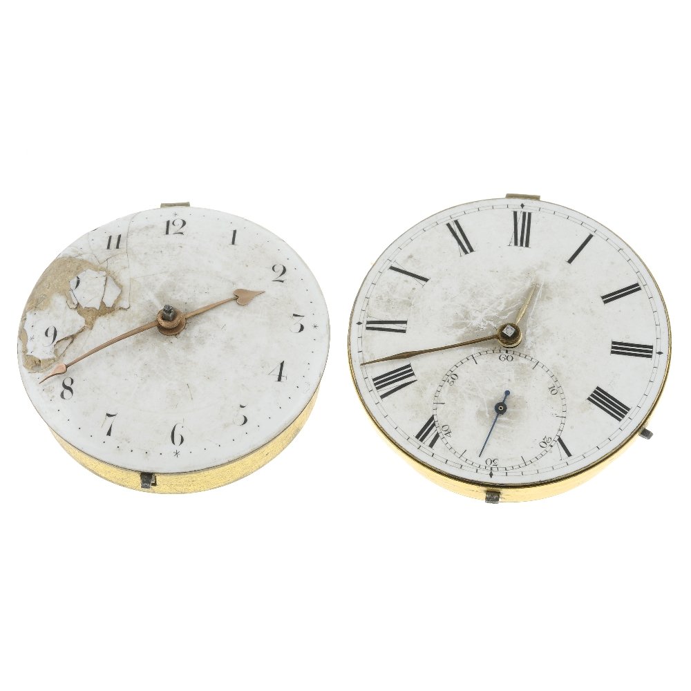 A pocket watch movement by Robert Johnson. Key wind: A pocket watch movement by Robert Johnson. Key wind fusee and chain movement with verge escapement, pierced balance cock and diamond end stone. Together with another watch movement by Edward Hawkeswor