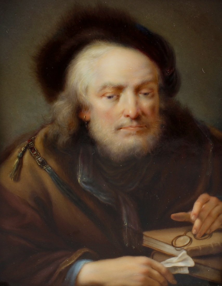 A KPM portrait on porcelain, depicting an elderly: A KPM portrait on porcelain, depicting an elderly scholar, in ornate gilt frame, inscribed to verso 7 x 5.25 (18cm x 13.5cm). Plaque appears to be in good overall condition with some minor surface scr