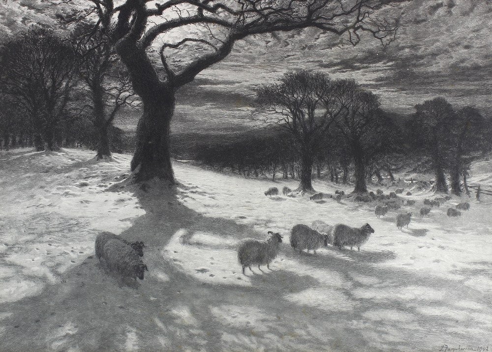 After Joseph Farquharson, RA (1846-1935)A monochrome: After Joseph Farquharson, RA (1846-1935)A monochrome print of a field landscape with sheepPrinted signature and date 1902 to lower right hand corner27 x 19.5 (68.5 cm x 49.5 cm)Framed under glass Appe