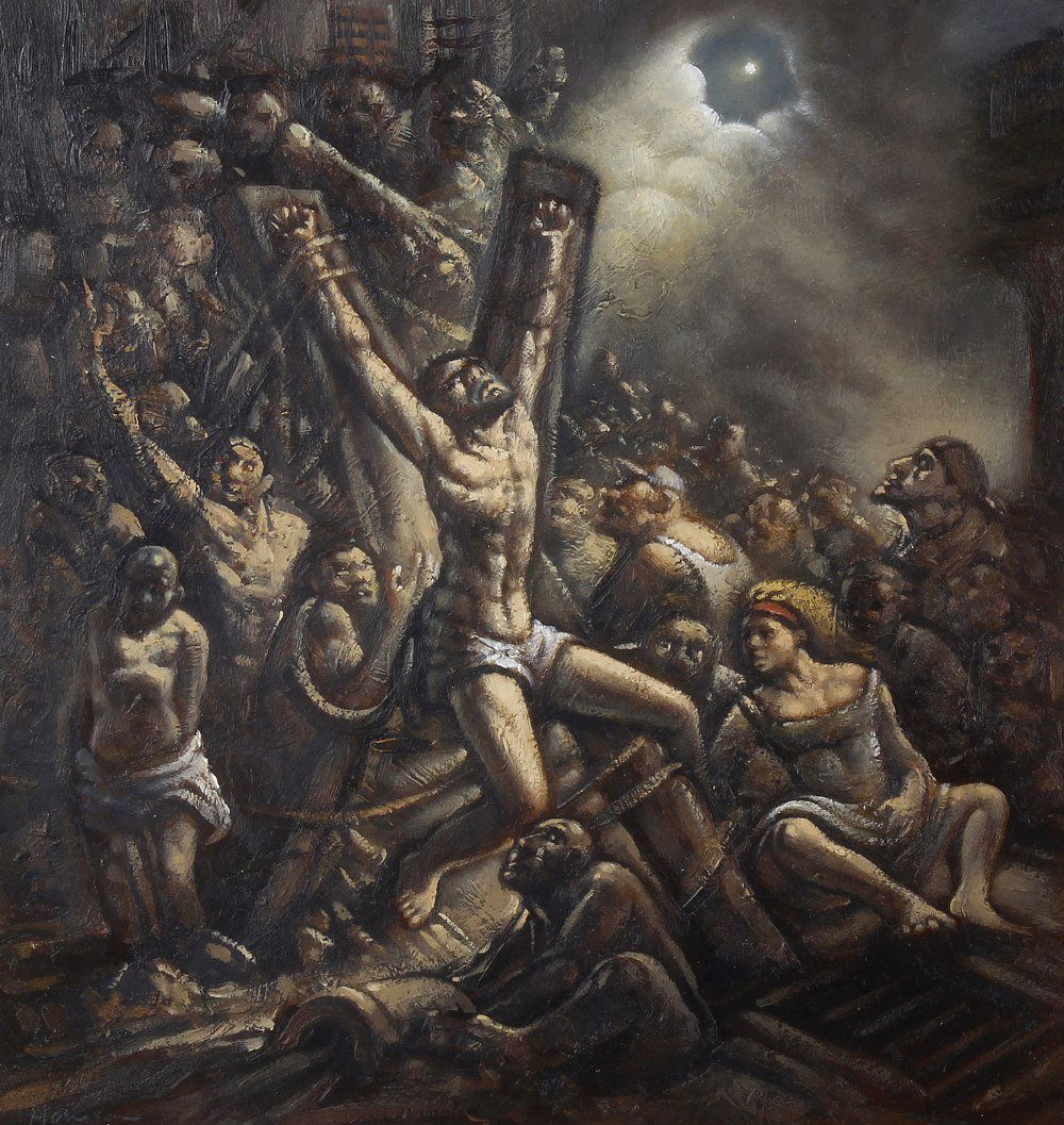 ARR Peter Howson (b.1958-)St Andrew Depicted at the: ARR Peter Howson (b.1958-)St Andrew Depicted at the moment of crucifixion on the saltire surrounded by onlookersOil on panel Signed lower left8.75 x 8.25 (22cm x 21cm)In card mount framed under glass