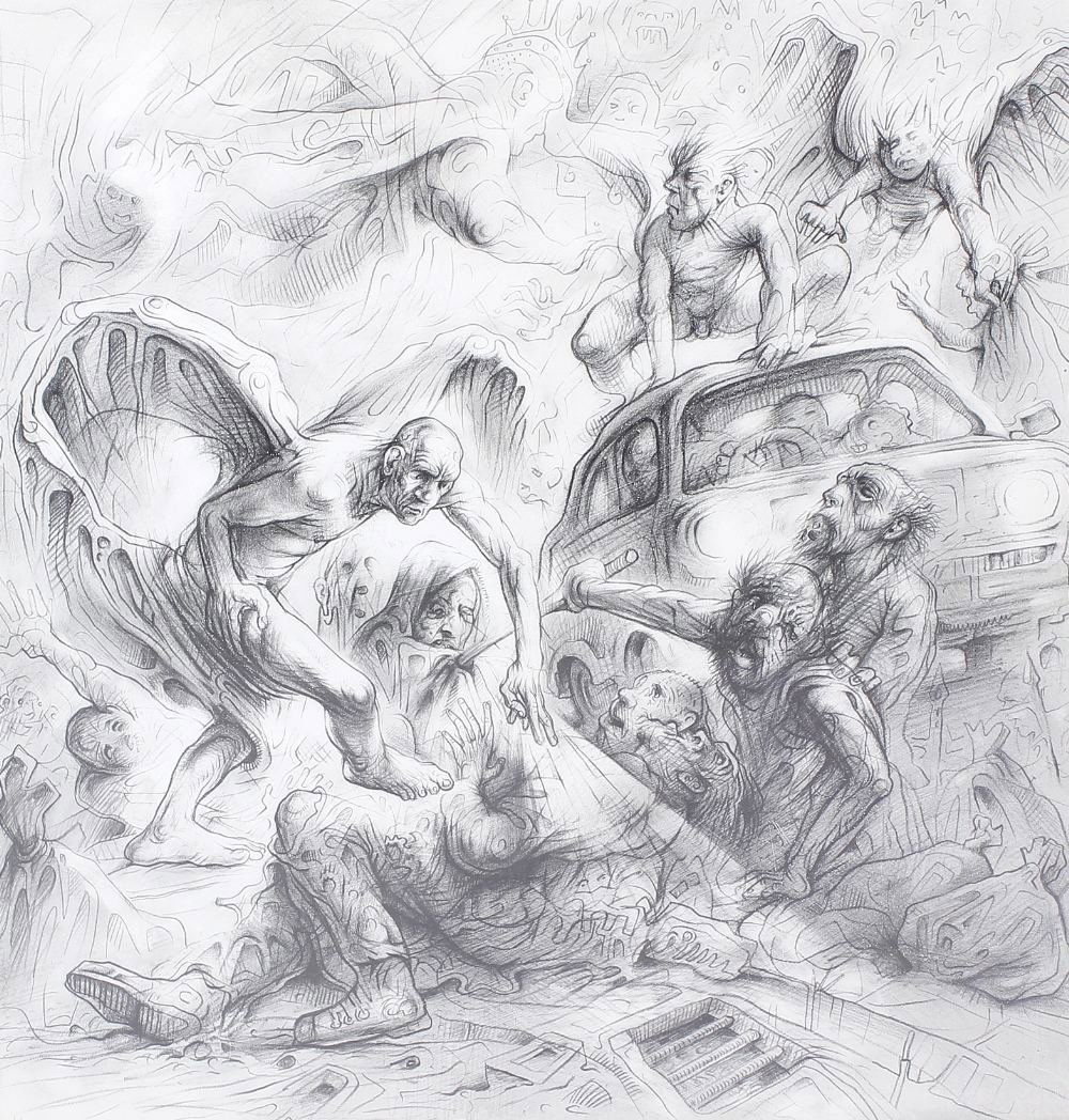 ARR Peter Howson, (b.1958)'Untitled 2005', a: ARR Peter Howson, (b.1958)'Untitled 2005', a nightmarish scene of demons and other figures surrounding reclining figures beside a vehicle Pencil on gessoed panel signed and dated 2005 lower left 8.5 x
