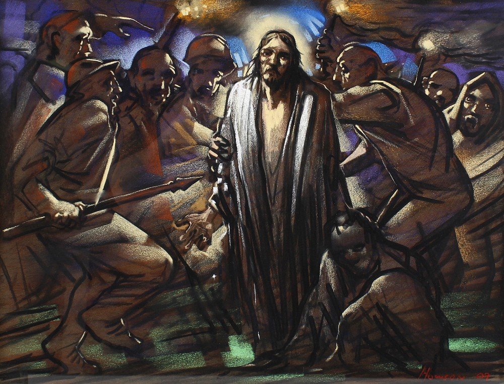 ARR Peter Howson, (b.1958)'The Garden of Gethsemane': ARR Peter Howson, (b.1958)'The Garden of Gethsemane' Christ surrounded by figures Pastel, signed and dated 09 lower right18 x 23.5, (46cm x 60cm) in gilt slip and ebonised frame under glass