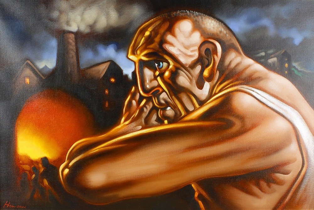 ARR Peter Howson (b.1958-)Muscular figure before a kiln: ARR Peter Howson (b.1958-)Muscular figure before a kiln or furnaceOil on canvasSigned lower left23.5 x 35.5 (59.5cm x 90cm)In gilt slip and ebonised frameThis is perhaps a version of Howson's 'Steam a