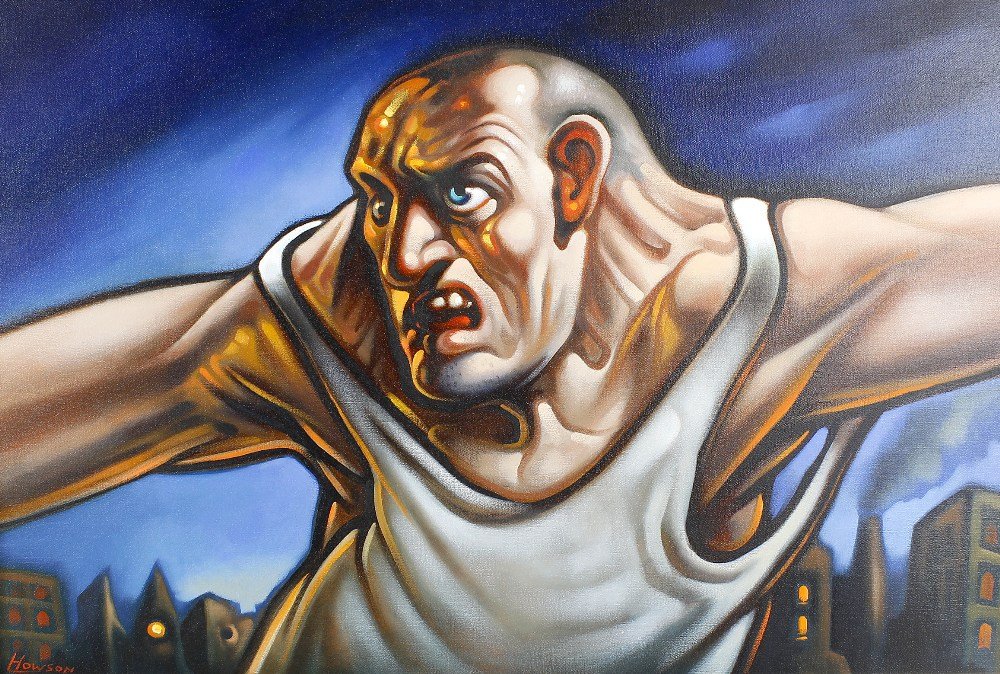 ARR Peter Howson (b.1958-)Portrait of a muscular male: ARR Peter Howson (b.1958-)Portrait of a muscular male figure, depicted bust length with arms outstretched before a night time cityscape with factory chimney Oil on canvasSigned lower left23.5 x 35.5 (