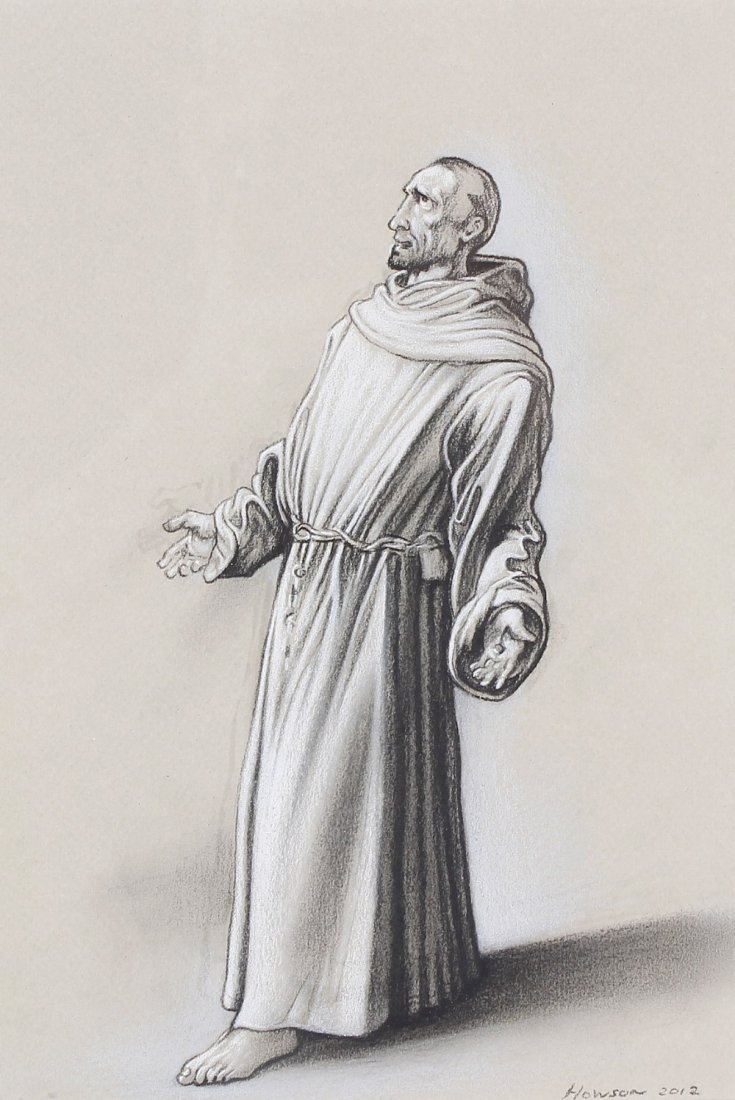 ARR Peter Howson, (b.1958)'St. Francis', a full-length: ARR Peter Howson, (b.1958)'St. Francis', a full-length standing figure in monastic robes, charcoal heightened with white Signed and dated 2012 lower left11.5 x 8, (29cm x 20.5cm) in card mount and ebo