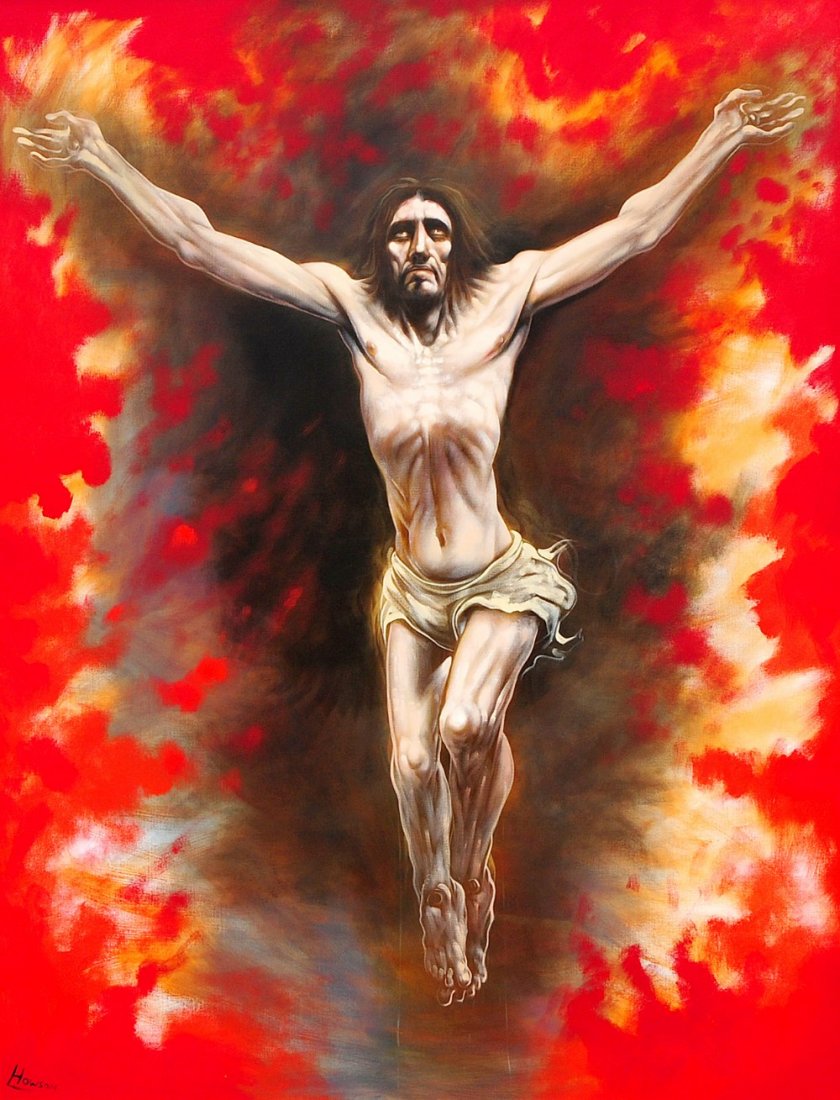 ARR Peter Howson, (b.1958) Crucifixion, an epic: ARR Peter Howson, (b.1958) Crucifixion, an epic representation of Christ on the Crosssurrounded by flames and a red sky Oil on canvas, signed lower left 94.5 x 71, (240cm x 180cm)Flowers Gallery label