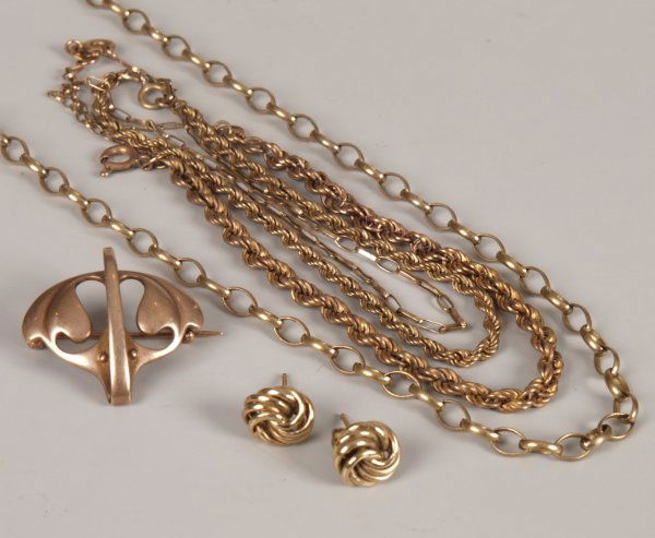 A collection of six 9ct gold items of jewellery to: A collection of six 9ct gold items of jewellery to include a pair of stud earrings, a belcher link chain, length 184inch (46cm), a belcher link bracelet, two twisted rope link bracelets and a brooch,