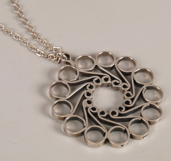 Jack Spencer - Crinoline silver fancy design penda: Jack Spencer - Crinoline silver fancy design pendant with belcher link chain. Diameter of pendant - 4.7cms, weight - 23.6 grams.