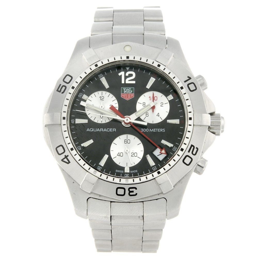 TAG HEUER - a gentleman's Aquaracer chronograph: TAG HEUER - a gentleman's Aquaracer chronograph bracelet watch. Stainless steel case with calibrated bezel. Reference CAF1110, serial VE4417. Unsigned quartz movement with quick date set. Black dial w