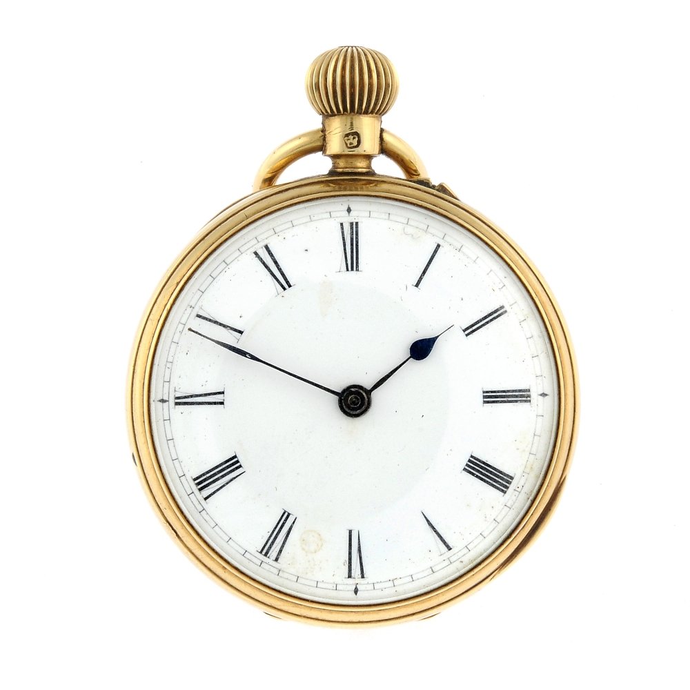 An open face pocket watch. 18ct yellow gold case,: An open face pocket watch. 18ct yellow gold case, hallmarked London 1881. Unsigned keyless wind three quarter plate movement with ratchet tooth lever escapement. White enamel dial with Roman numeral h
