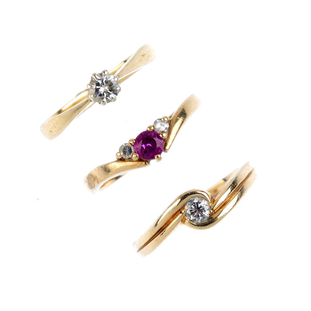 Three 9ct gold diamond and gem-set rings. To include a (1 of 3)