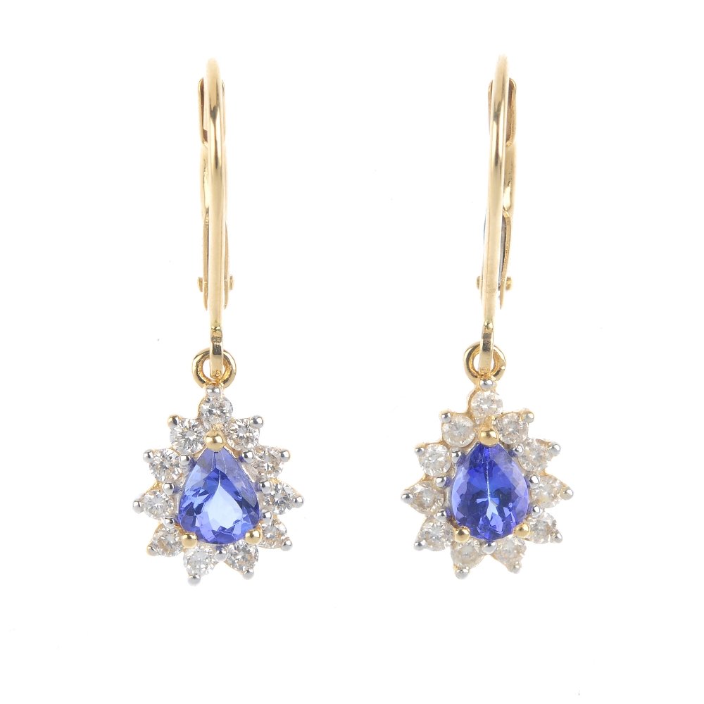 A pair of 18ct gold tanzanite and diamond earrings. (1 of 2)