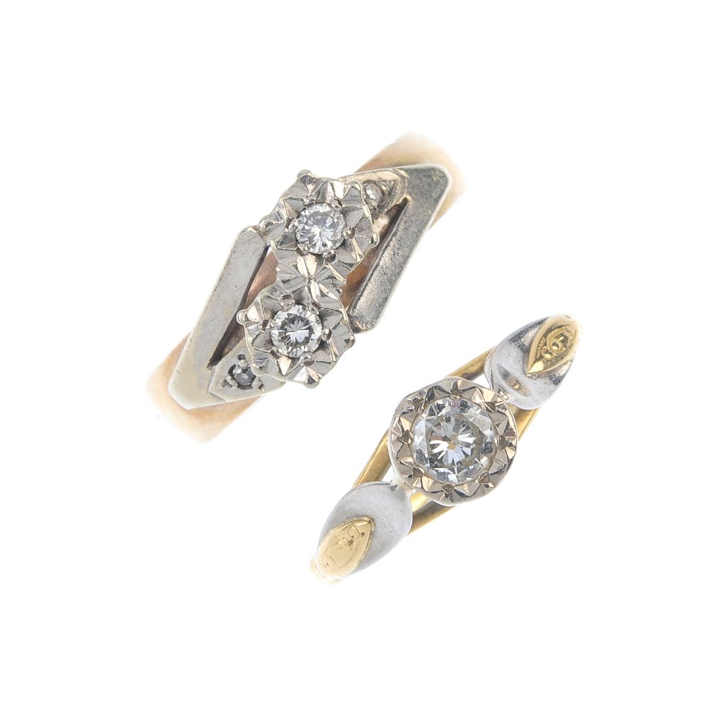 Two mid 20th century gold diamond rings. To include an (1 of 3)