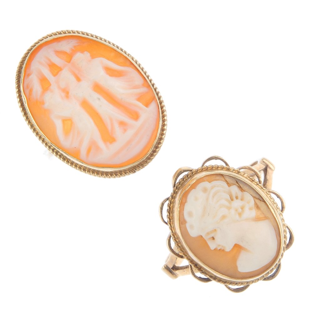 Two 9ct gold cameo rings. The first of oval outline, (1 of 3)