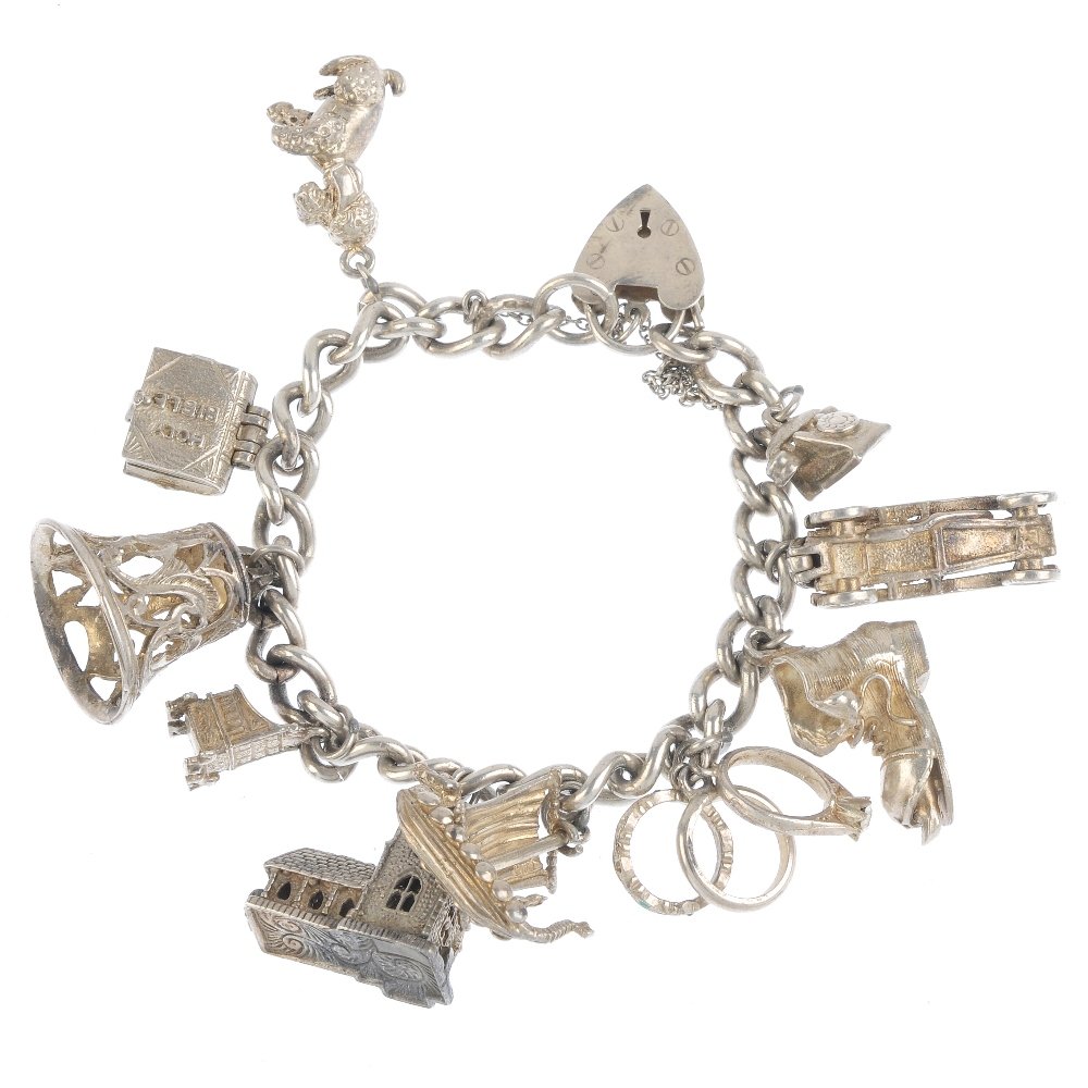 Two charm bracelets. The two curb-link bracelets: Two charm bracelets. The two curb-link bracelets suspending a total of sixteen charms, including a cat and a poodle. Lengths 17 to 18cms. Weight 111.7gms.