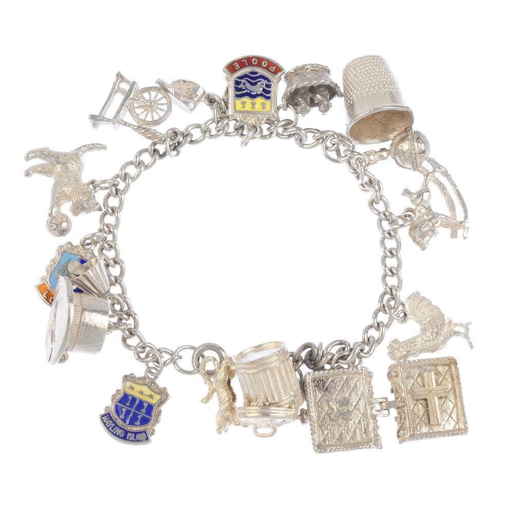 A selection of silver and white metal jewellery. To: A selection of silver and white metal jewellery. To include two flat curb-link bracelets and a charm bracelet with several charms including a ram and a bagpiper. Lengths 18 to 52cms. Weight 305.1gms.