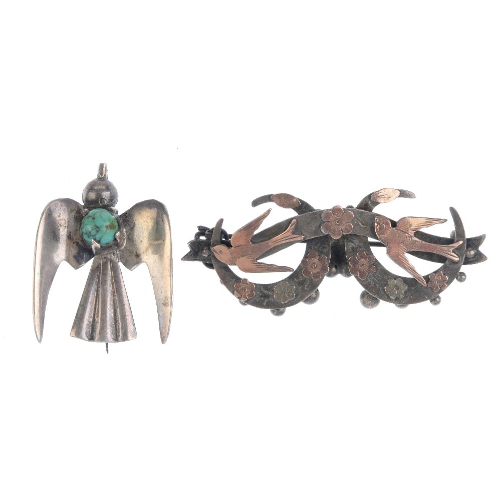 A selection of jewellery. To include a brooch designed: A selection of jewellery. To include a brooch designed as a stylised bird in flight, set with a turquoise to its back and a necklace set with marcasite to the leaf and flower design, suspending a circ