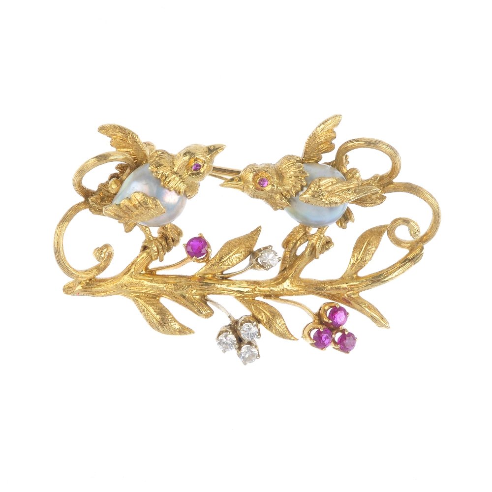 A ruby, diamond and cultured pearl brooch. Designed as (1 of 3)