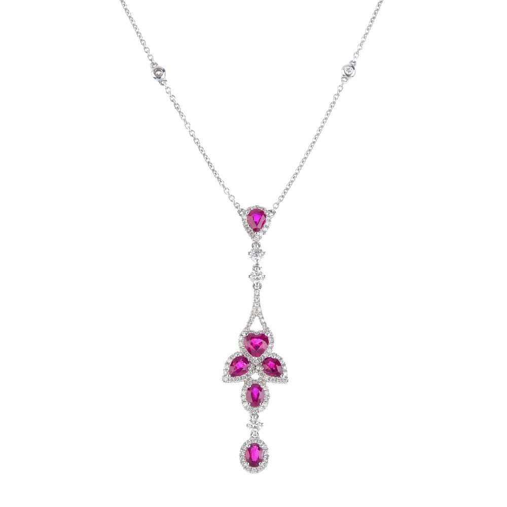A ruby and diamond necklace. Of foliate design, the (1 of 2)