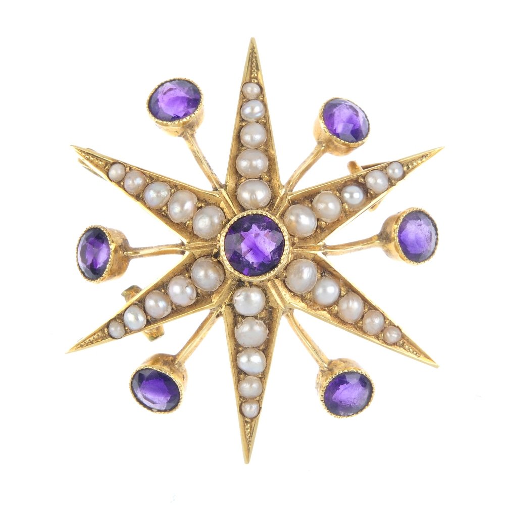 An Edwardian 15ct gold amethyst and split pearl star (1 of 2)
