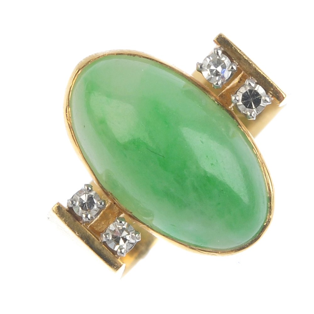 A 1970s jade and diamond ring. Of abstract design, the (1 of 4)