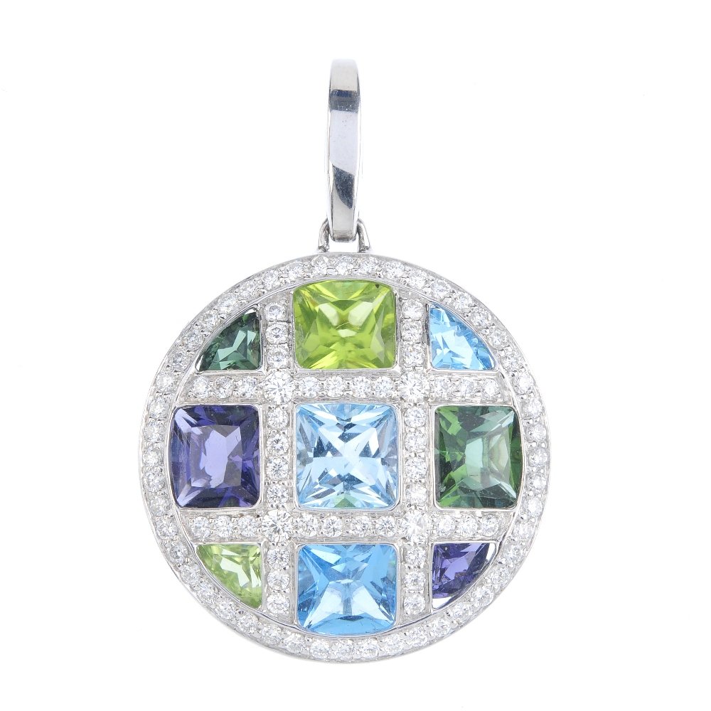 A diamond and multi-gem pendant. Of circular outline, (1 of 2)