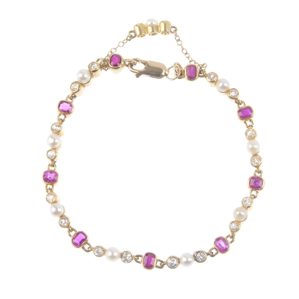 A ruby, diamond and seed pearl bracelet. Designed as a (1 of 3)