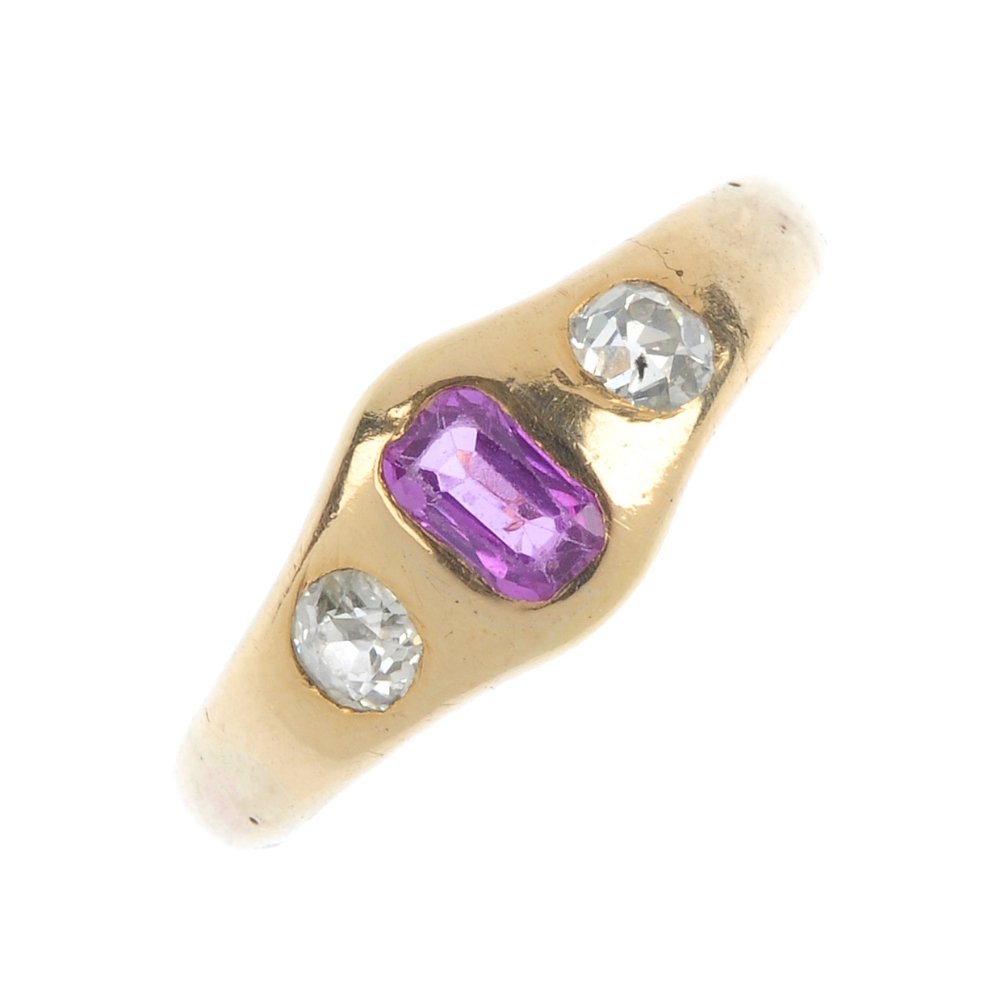 A sapphire and diamond three-stone ring. The (1 of 3)