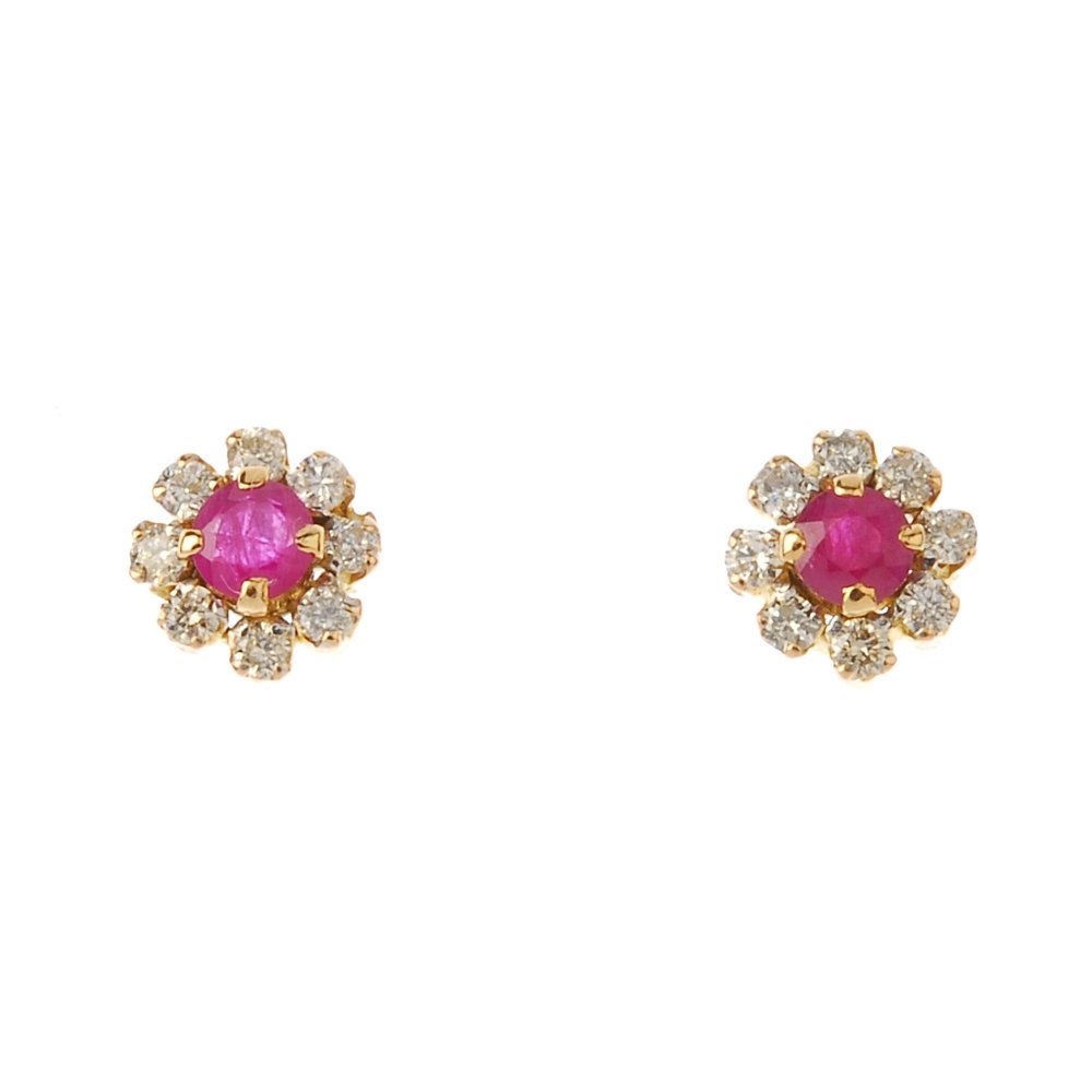 A pair of ruby and diamond cluster earrings. Each (1 of 3)