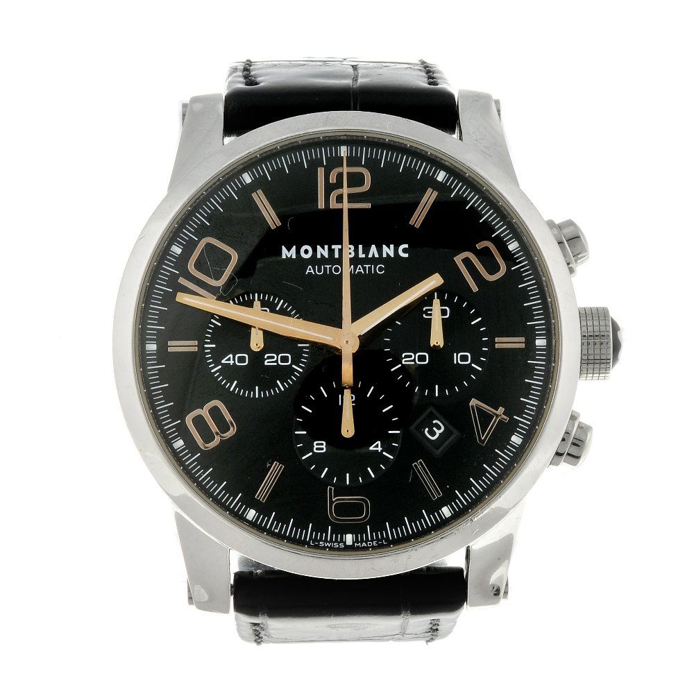 (3510-1-A) MONTBLANC - a gentleman's Meisterstuck: (3510-1-A) MONTBLANC - a gentleman's Meisterstuck chronograph wrist watch. Stainless steel case with exhibition case back. Reference 7069, serial PB217350. Signed automatic calibre 4810 502 with quick