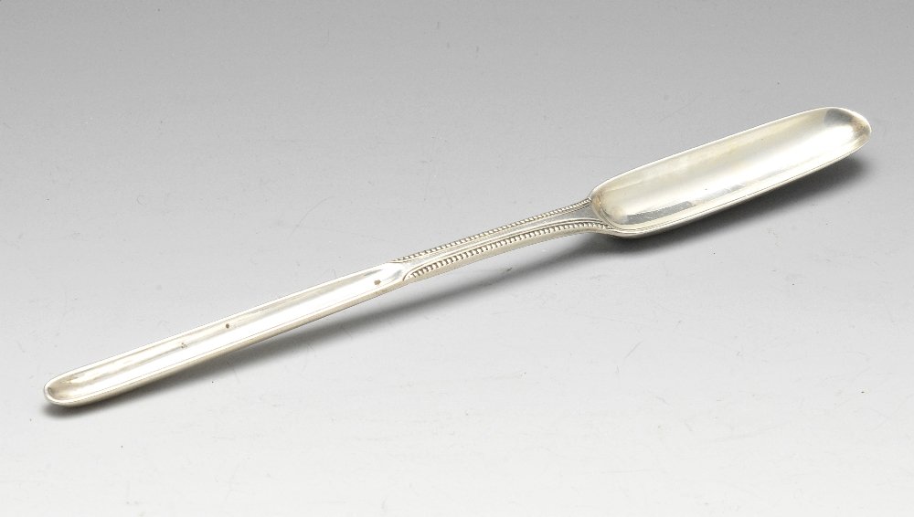 A Victorian silver marrow scoop, the typical form with: A Victorian silver marrow scoop, the typical form with beaded grip. Hallmarked Chawner & Co (George William Adams), London 1870. Length measuring 8 1/4 inches (21 cm), weight 1.5 ozt (47.9 grams). The