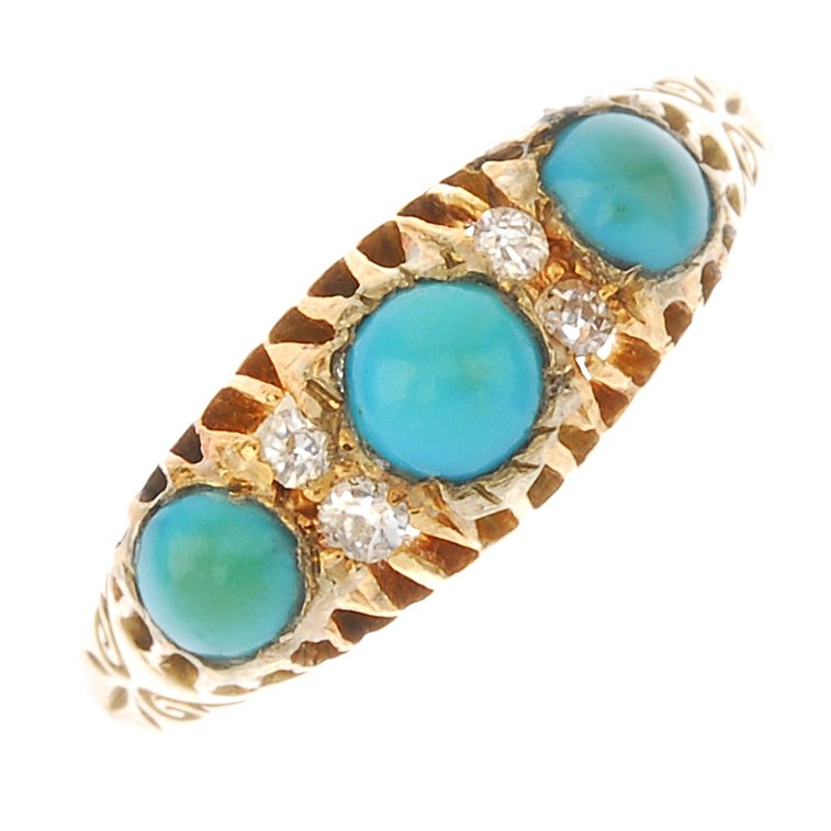 An Edwardian 18ct gold turquoise and diamond ring. The (1 of 3)