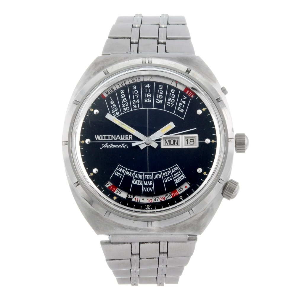 WITTNAUER - a gentleman's 2000 Calendar bracelet watch.: WITTNAUER - a gentleman's 2000 Calendar bracelet watch. Stainless steel case. Reference 2000-1. Signed automatic calibre W102. Blue dial with dot hour markers, calendar display to twelve, month displa