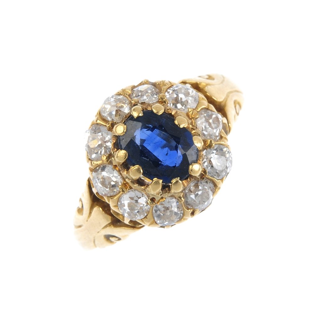 A late Victorian gold, sapphire and diamond cluster (1 of 4)