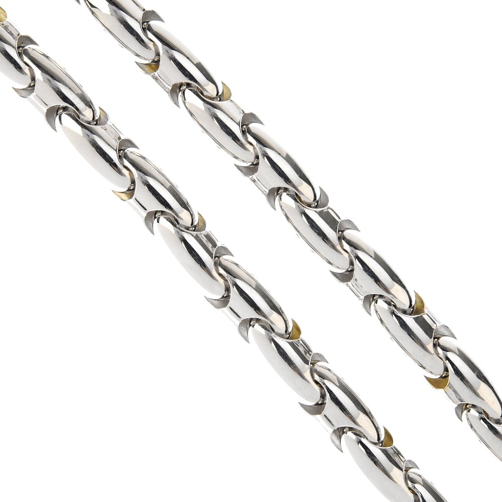 CHIMENTO - an 18ct gold diamond necklace. Designed as a: CHIMENTO - an 18ct gold diamond necklace. Designed as a fancy-link chain, with a single-cut diamond lobster clasp. Hallmarks for London, 2000. Length 42.5cms. Weight 58.8gms. With maker's case. Overal