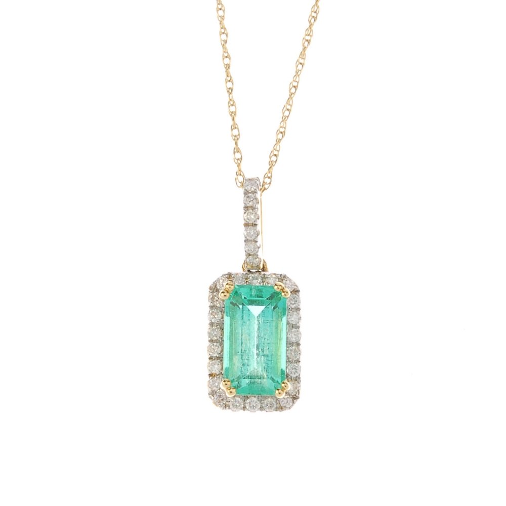 An 18ct gold emerald and diamond cluster pendant. The (1 of 3)