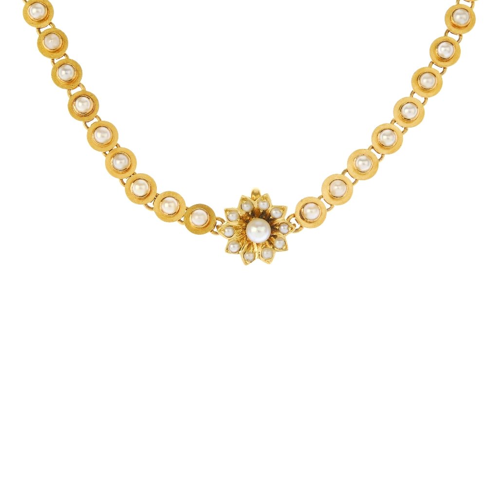 A late Victorian split and seed pearl floral necklace, (1 of 3)