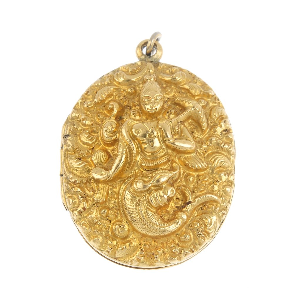A locket. Embossed with the figures of Matsya Avatar: A locket. Embossed with the figures of Matsya Avatar (the first of Vishnu's incarnations) and Laxmi, each with scrolling foliate surround. Length 3.5cms. Weight 13.4gms. Overall condition fair to good
