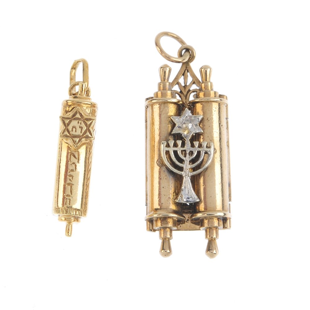 Two 9ct gold Torah charms. To include a torah charm, (1 of 3)