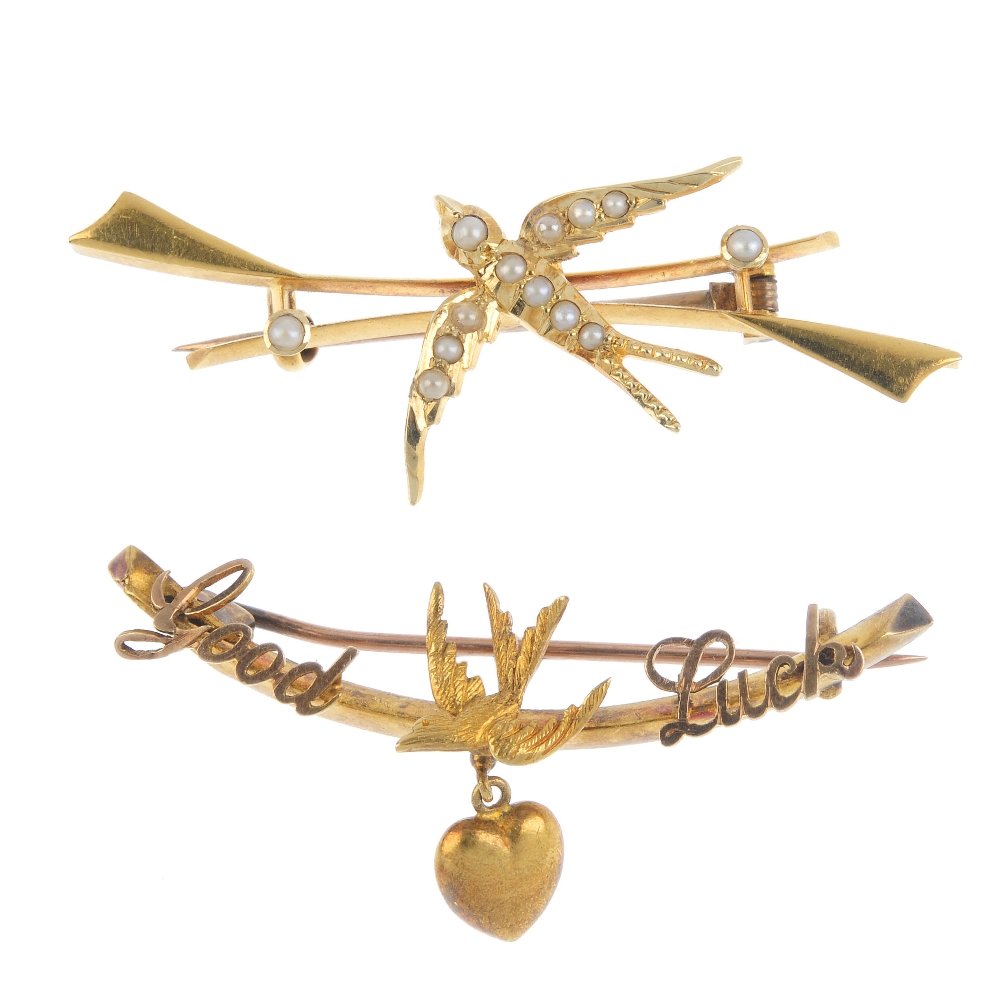 Two late Victorian 15ct gold swallow brooches. The (1 of 2)