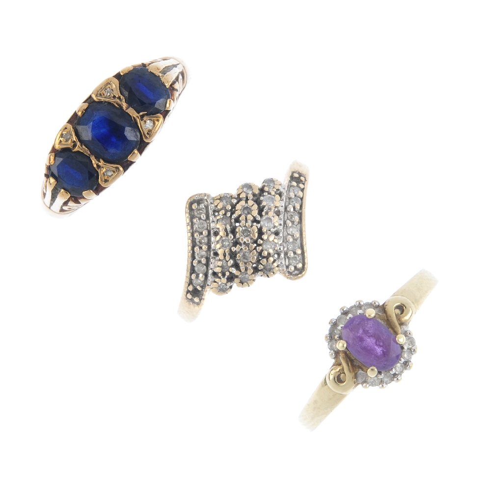 Three diamond and gem-set rings. To include a 9ct gold (1 of 3)